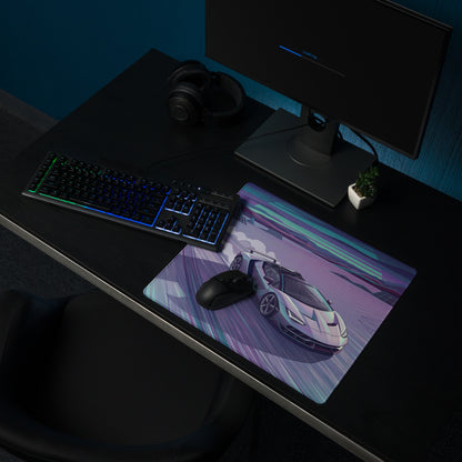 Lamborghini Centenario Roadster Inspired Silver Cyan Vaporwave Gaming Mouse Pad – Retro Futuristic Racing Desk Mat with Neon Grid Mountains and Dreamy Synthwave Artwork