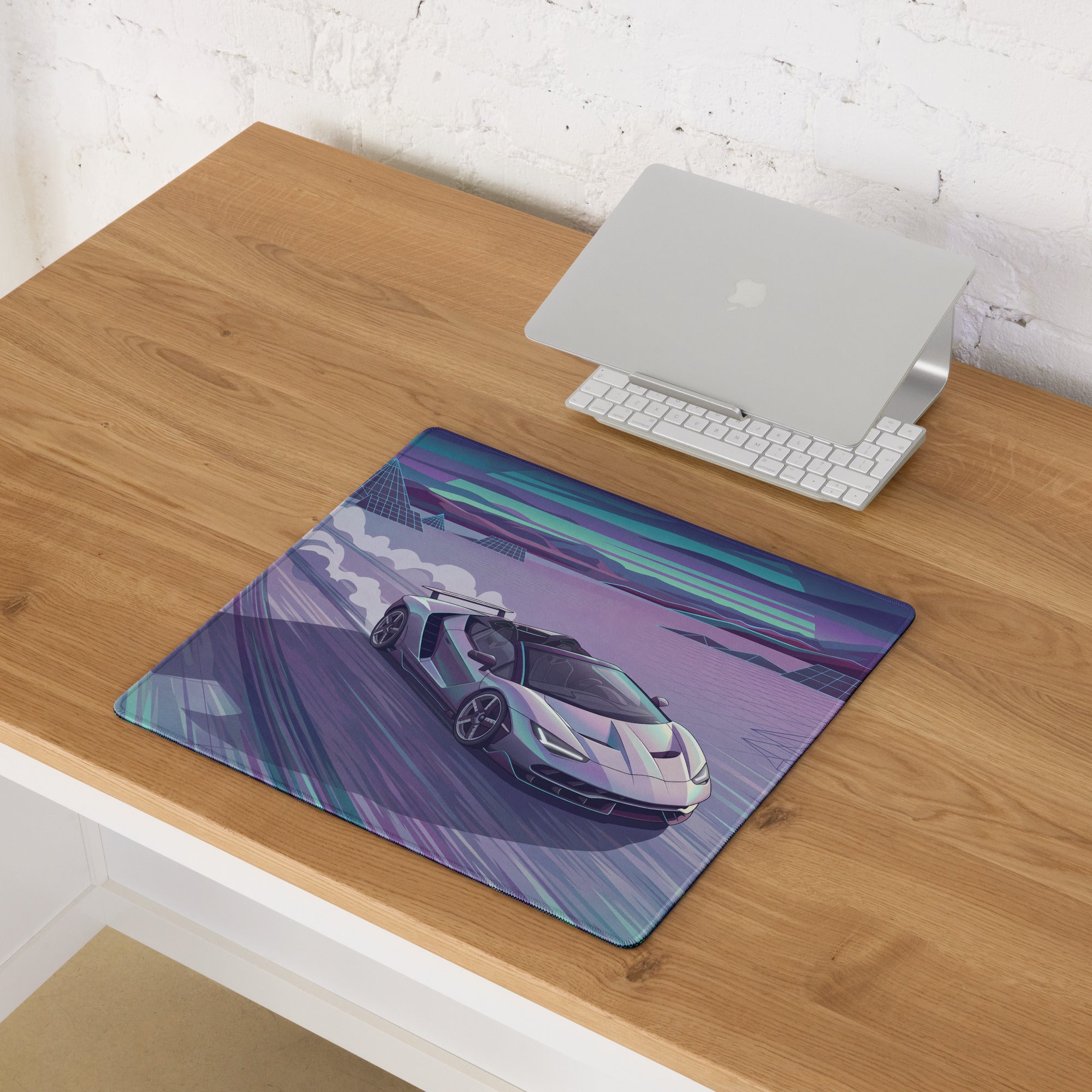Lamborghini Centenario Roadster Inspired Silver Cyan Vaporwave Gaming Mouse Pad – Retro Futuristic Racing Desk Mat with Neon Grid Mountains and Dreamy Synthwave Artwork