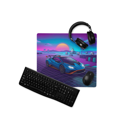 Lamborghini Huracán STO Inspired Blue Purple Vaporwave Gaming Mouse Pad – Neon Synthwave Racetrack Desk Mat with Retro Sunset and Futuristic Grid Art