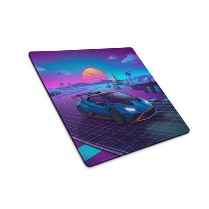 Lamborghini Huracán STO Inspired Blue Purple Vaporwave Gaming Mouse Pad – Neon Synthwave Racetrack Desk Mat with Retro Sunset and Futuristic Grid Art