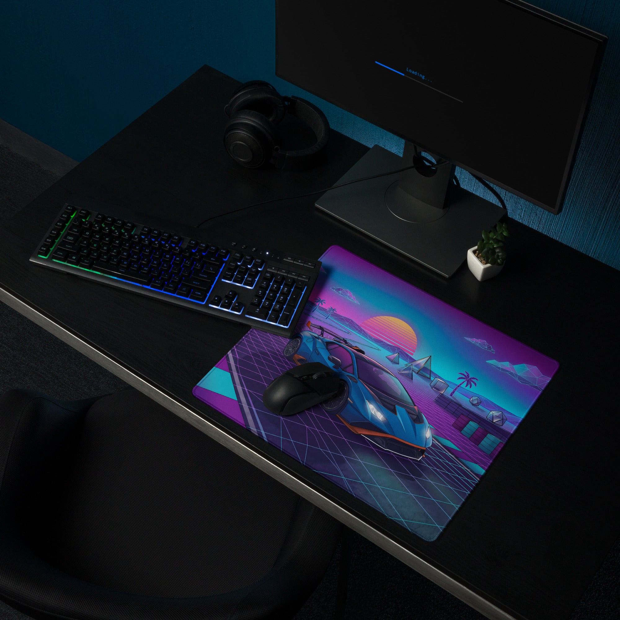 Lamborghini Huracán STO Inspired Blue Purple Vaporwave Gaming Mouse Pad – Neon Synthwave Racetrack Desk Mat with Retro Sunset and Futuristic Grid Art