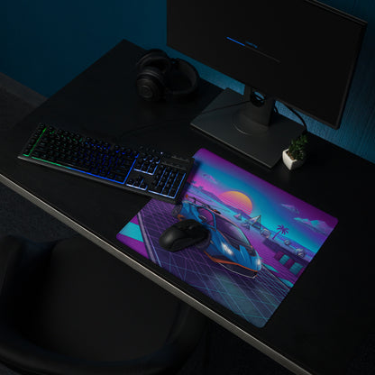 Lamborghini Huracán STO Inspired Blue Purple Vaporwave Gaming Mouse Pad – Neon Synthwave Racetrack Desk Mat with Retro Sunset and Futuristic Grid Art
