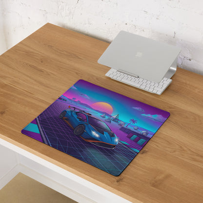 Lamborghini Huracán STO Inspired Blue Purple Vaporwave Gaming Mouse Pad – Neon Synthwave Racetrack Desk Mat with Retro Sunset and Futuristic Grid Art