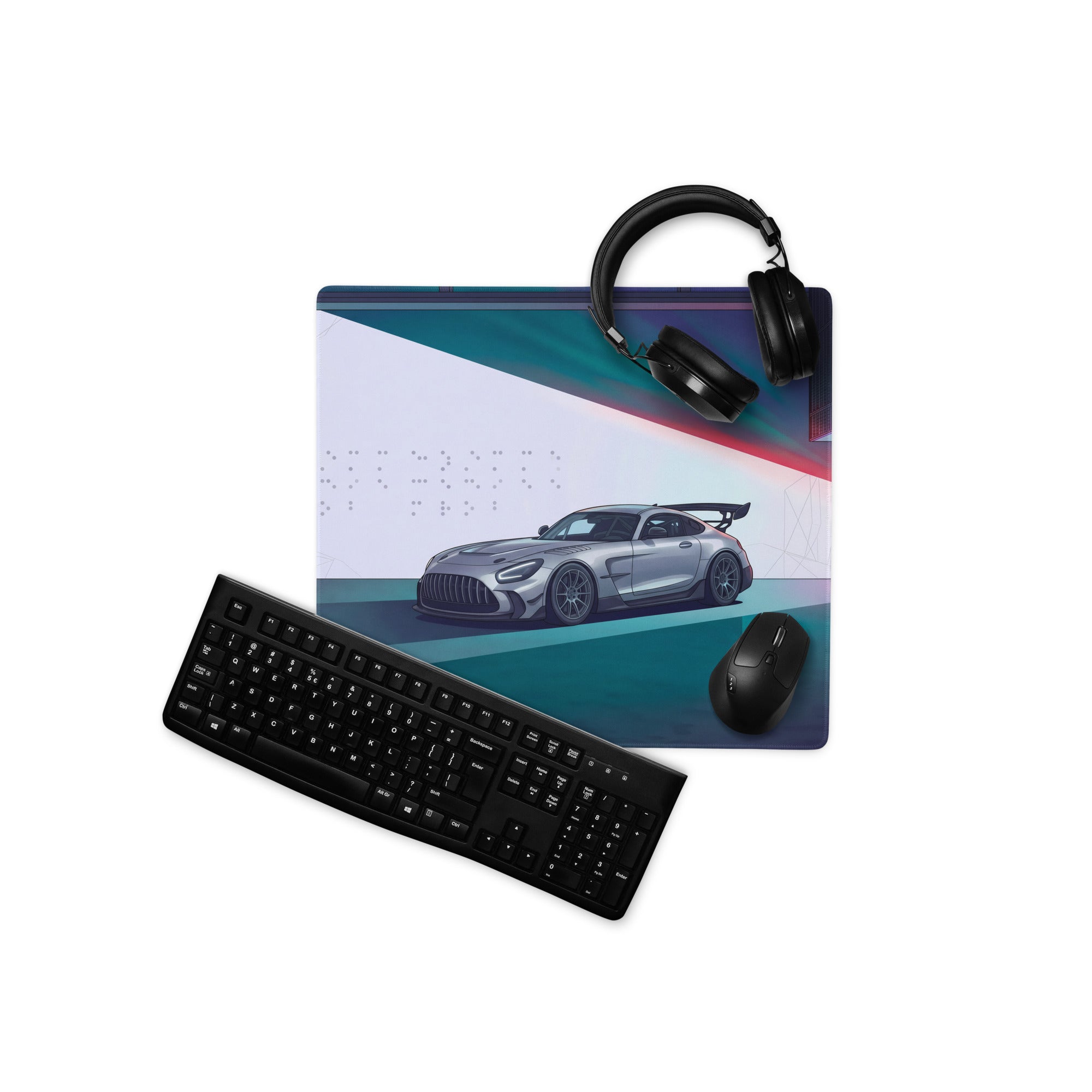 Mercedes-AMG GT Black Series Inspired Silver Cyan Vaporwave Gaming Mouse Pad – Neon Futuristic Garage Desk Mat with Moody Synthwave Automotive Art