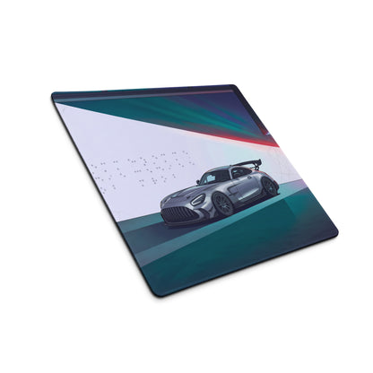 Mercedes-AMG GT Black Series Inspired Silver Cyan Vaporwave Gaming Mouse Pad – Neon Futuristic Garage Desk Mat with Moody Synthwave Automotive Art