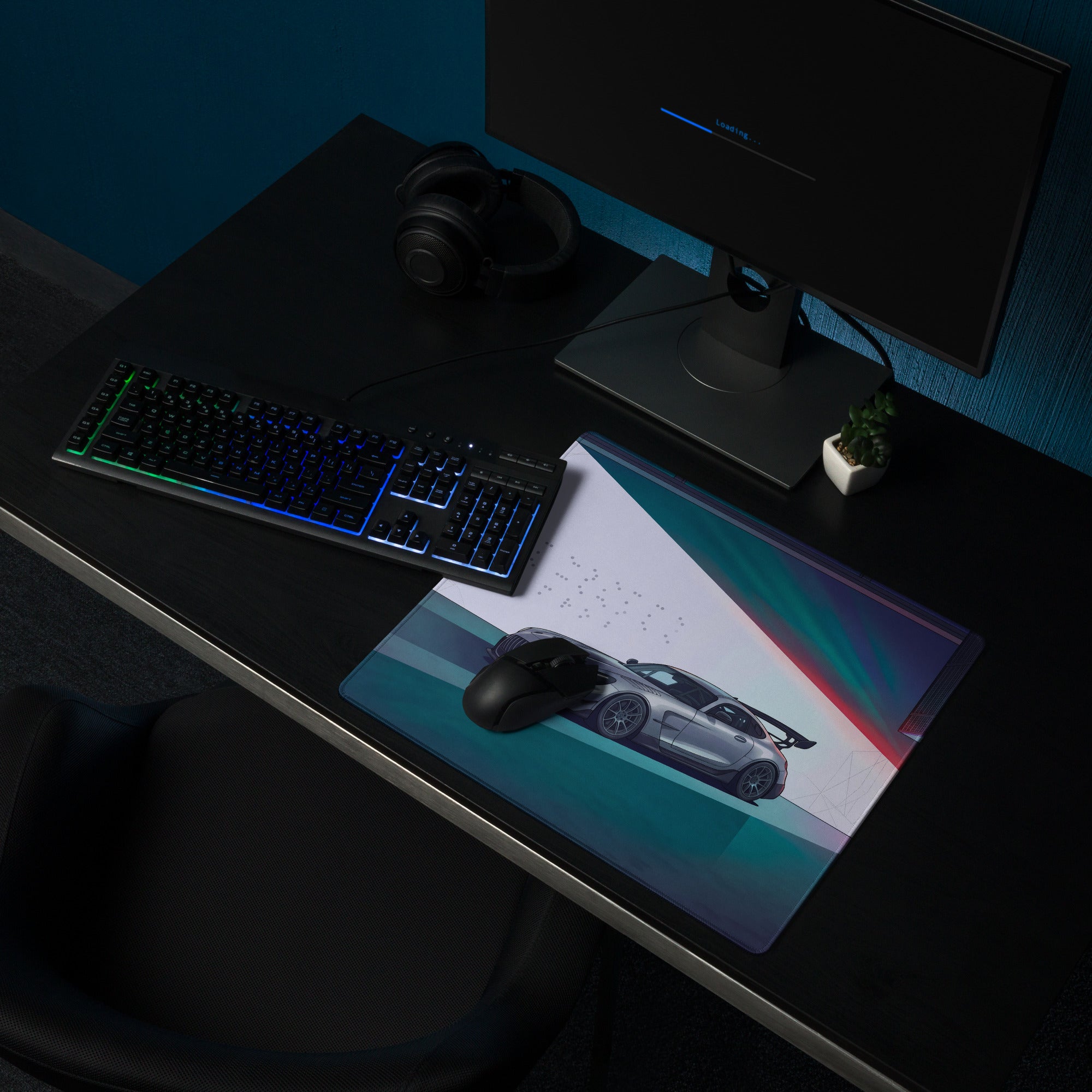 Mercedes-AMG GT Black Series Inspired Silver Cyan Vaporwave Gaming Mouse Pad – Neon Futuristic Garage Desk Mat with Moody Synthwave Automotive Art