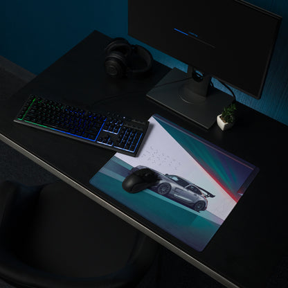 Mercedes-AMG GT Black Series Inspired Silver Cyan Vaporwave Gaming Mouse Pad – Neon Futuristic Garage Desk Mat with Moody Synthwave Automotive Art