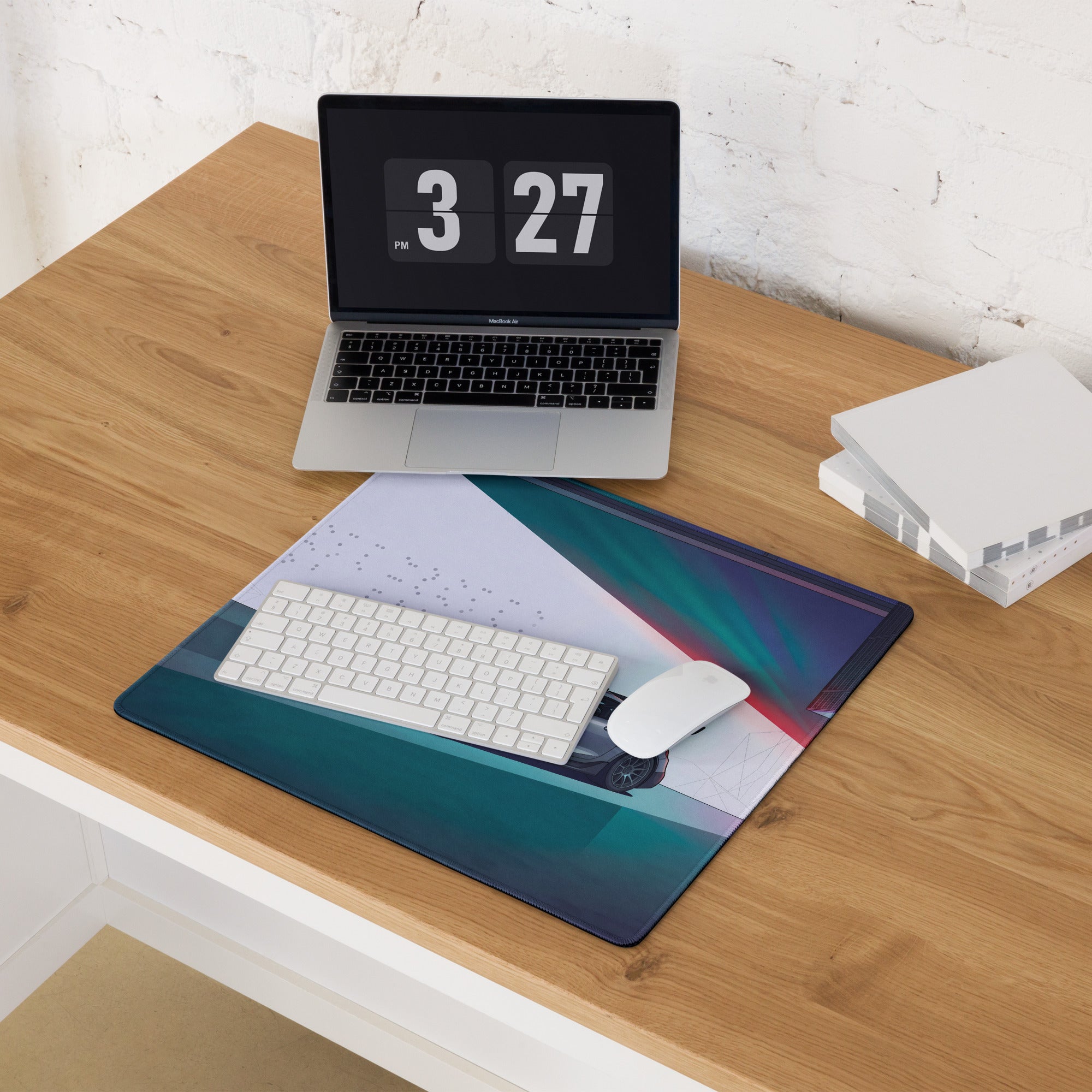 Mercedes-AMG GT Black Series Inspired Silver Cyan Vaporwave Gaming Mouse Pad – Neon Futuristic Garage Desk Mat with Moody Synthwave Automotive Art