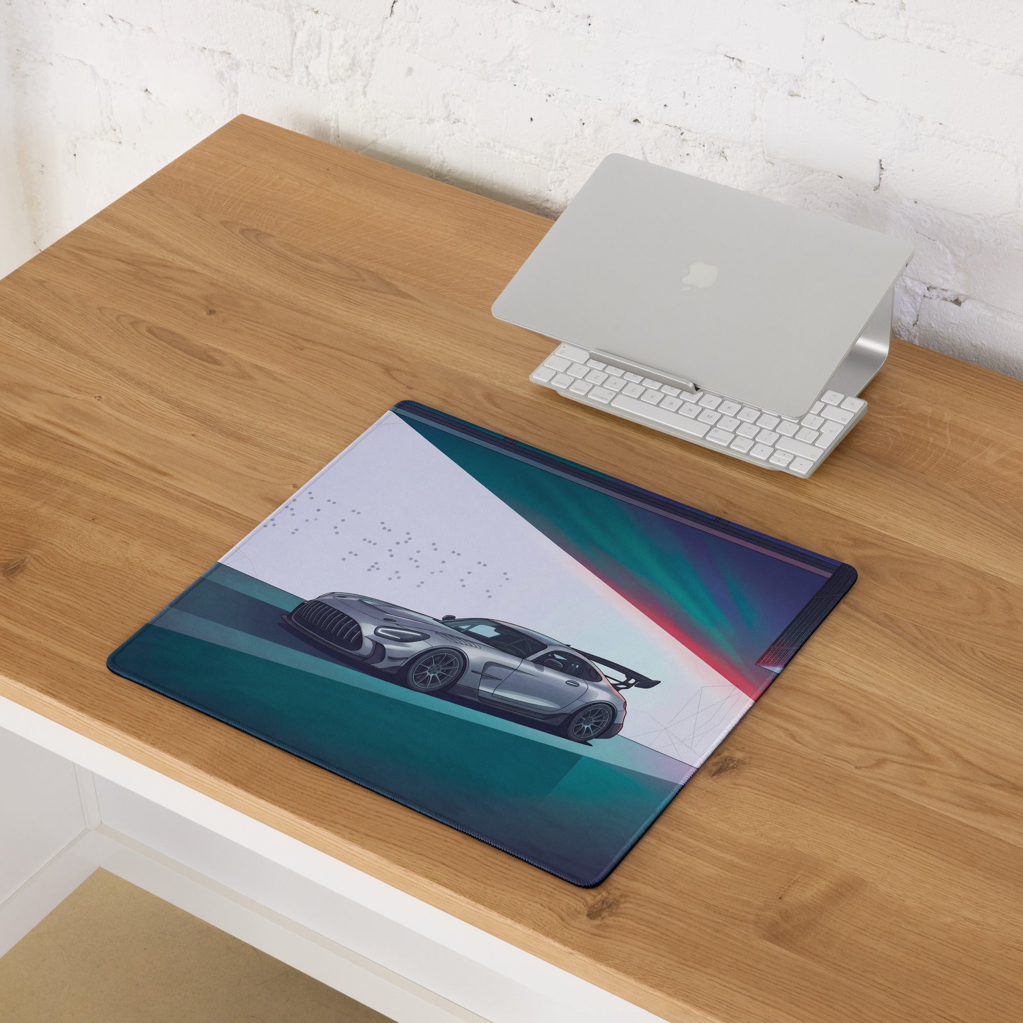 Mercedes-AMG GT Black Series Inspired Silver Cyan Vaporwave Gaming Mouse Pad – Neon Futuristic Garage Desk Mat with Moody Synthwave Automotive Art