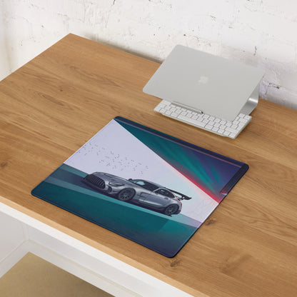 Mercedes-AMG GT Black Series Inspired Silver Cyan Vaporwave Gaming Mouse Pad – Neon Futuristic Garage Desk Mat with Moody Synthwave Automotive Art