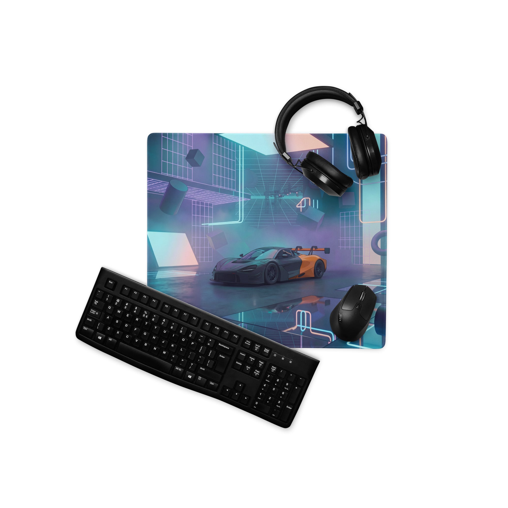 McLaren 720S GT3 Inspired Black Orange Vaporwave Gaming Mouse Pad – Neon Cyberpunk Garage Desk Mat with Futuristic Geometric Synthwave Artwork
