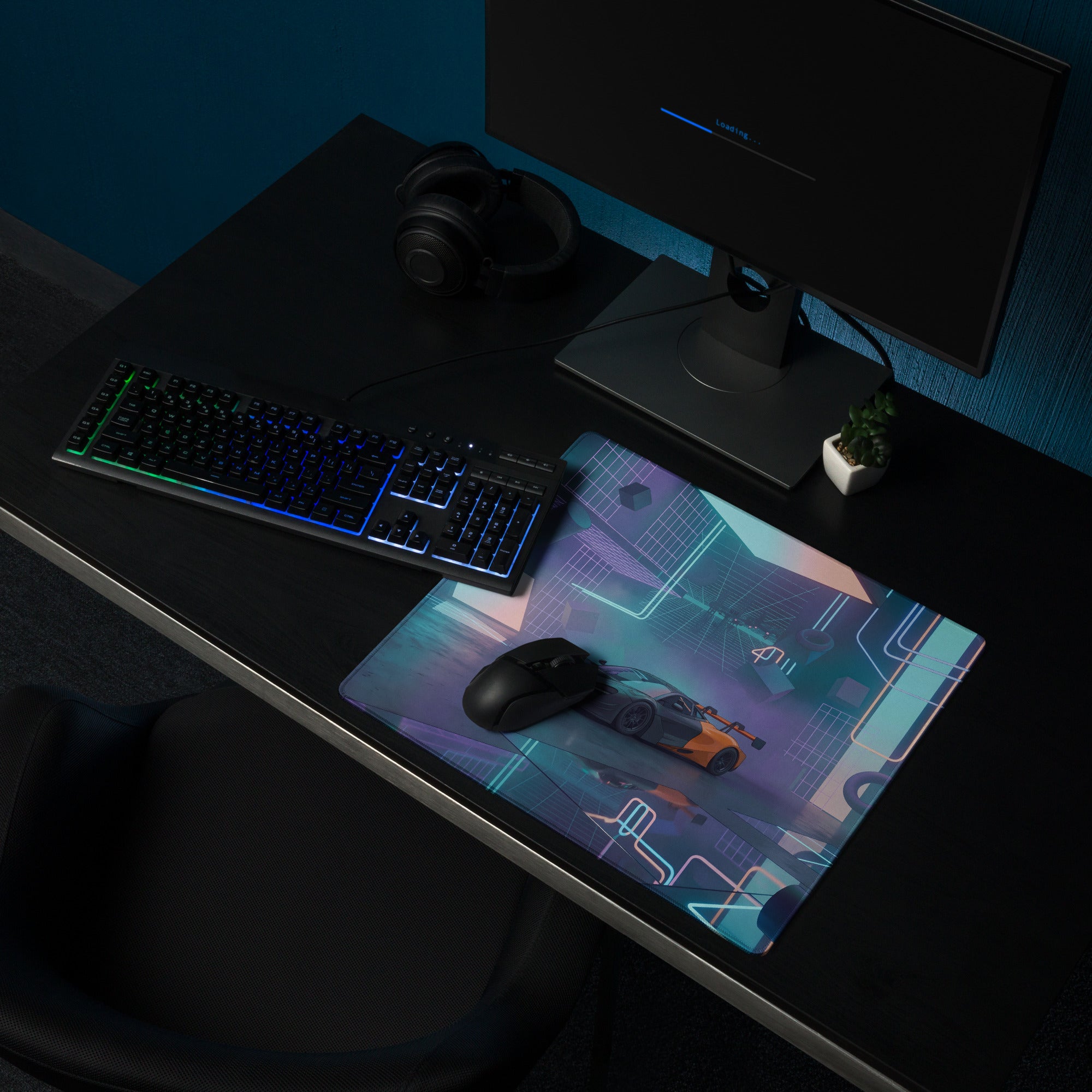 McLaren 720S GT3 Inspired Black Orange Vaporwave Gaming Mouse Pad – Neon Cyberpunk Garage Desk Mat with Futuristic Geometric Synthwave Artwork