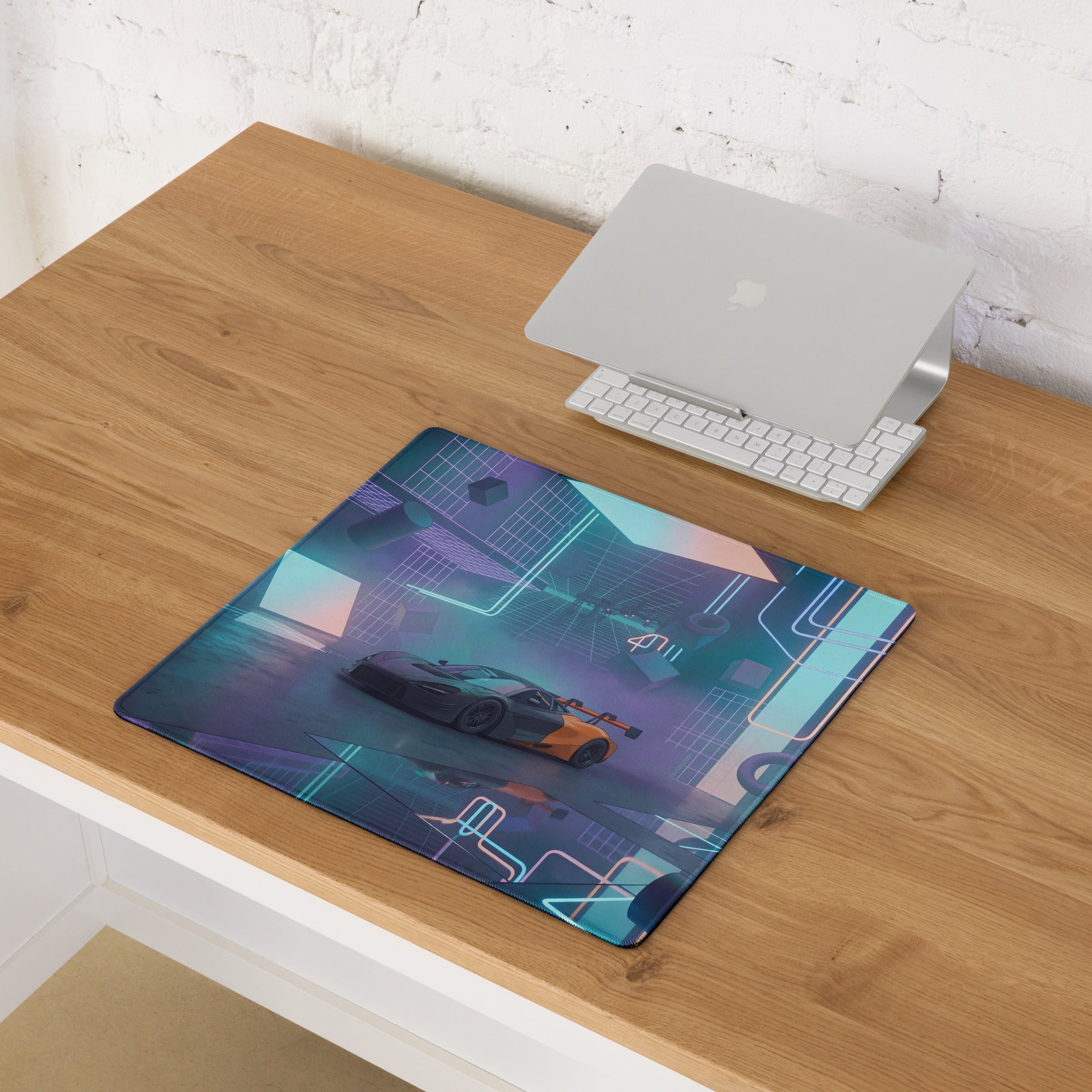 McLaren 720S GT3 Inspired Black Orange Vaporwave Gaming Mouse Pad – Neon Cyberpunk Garage Desk Mat with Futuristic Geometric Synthwave Artwork