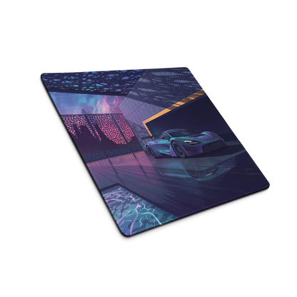 McLaren 720S GT3 Inspired Silver Blue Vaporwave Gaming Mouse Pad – Neon Luxury Garage Desk Mat with Moonlit Desert, Futuristic Synthwave Automotive Art
