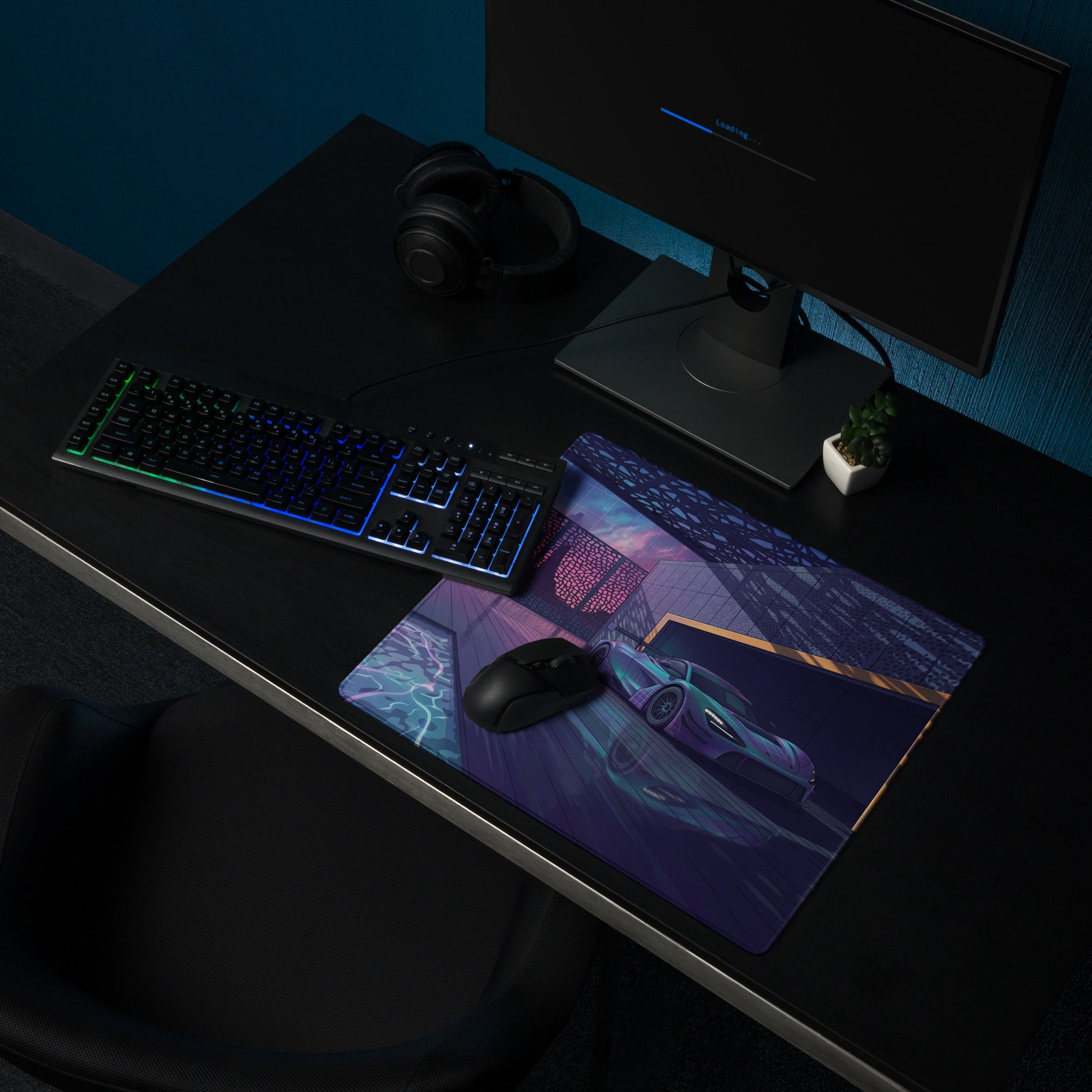 McLaren 720S GT3 Inspired Silver Blue Vaporwave Gaming Mouse Pad – Neon Luxury Garage Desk Mat with Moonlit Desert, Futuristic Synthwave Automotive Art