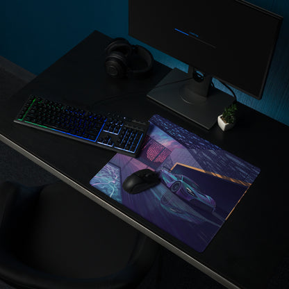 McLaren 720S GT3 Inspired Silver Blue Vaporwave Gaming Mouse Pad – Neon Luxury Garage Desk Mat with Moonlit Desert, Futuristic Synthwave Automotive Art