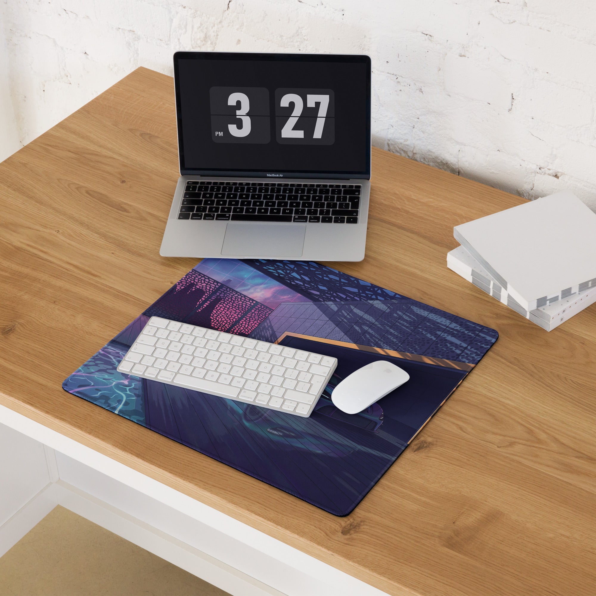 McLaren 720S GT3 Inspired Silver Blue Vaporwave Gaming Mouse Pad – Neon Luxury Garage Desk Mat with Moonlit Desert, Futuristic Synthwave Automotive Art