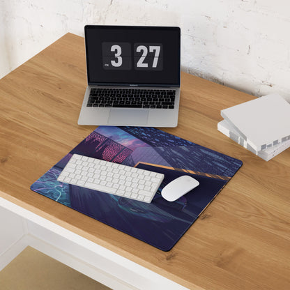 McLaren 720S GT3 Inspired Silver Blue Vaporwave Gaming Mouse Pad – Neon Luxury Garage Desk Mat with Moonlit Desert, Futuristic Synthwave Automotive Art