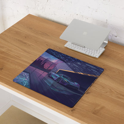 McLaren 720S GT3 Inspired Silver Blue Vaporwave Gaming Mouse Pad – Neon Luxury Garage Desk Mat with Moonlit Desert, Futuristic Synthwave Automotive Art