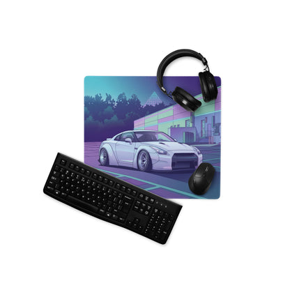 Nissan GT-R R35 Inspired White Purple Vaporwave Gaming Mouse Pad – Neon Industrial Garage Desk Mat with Moonlit Retro Futuristic JDM Artwork