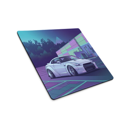 Nissan GT-R R35 Inspired White Purple Vaporwave Gaming Mouse Pad – Neon Industrial Garage Desk Mat with Moonlit Retro Futuristic JDM Artwork