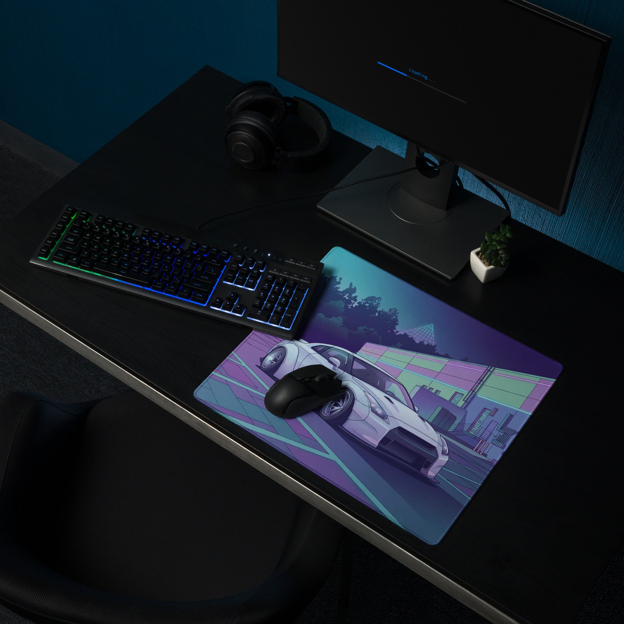 Nissan GT-R R35 Inspired White Purple Vaporwave Gaming Mouse Pad – Neon Industrial Garage Desk Mat with Moonlit Retro Futuristic JDM Artwork