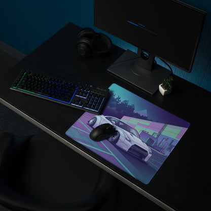 Nissan GT-R R35 Inspired White Purple Vaporwave Gaming Mouse Pad – Neon Industrial Garage Desk Mat with Moonlit Retro Futuristic JDM Artwork