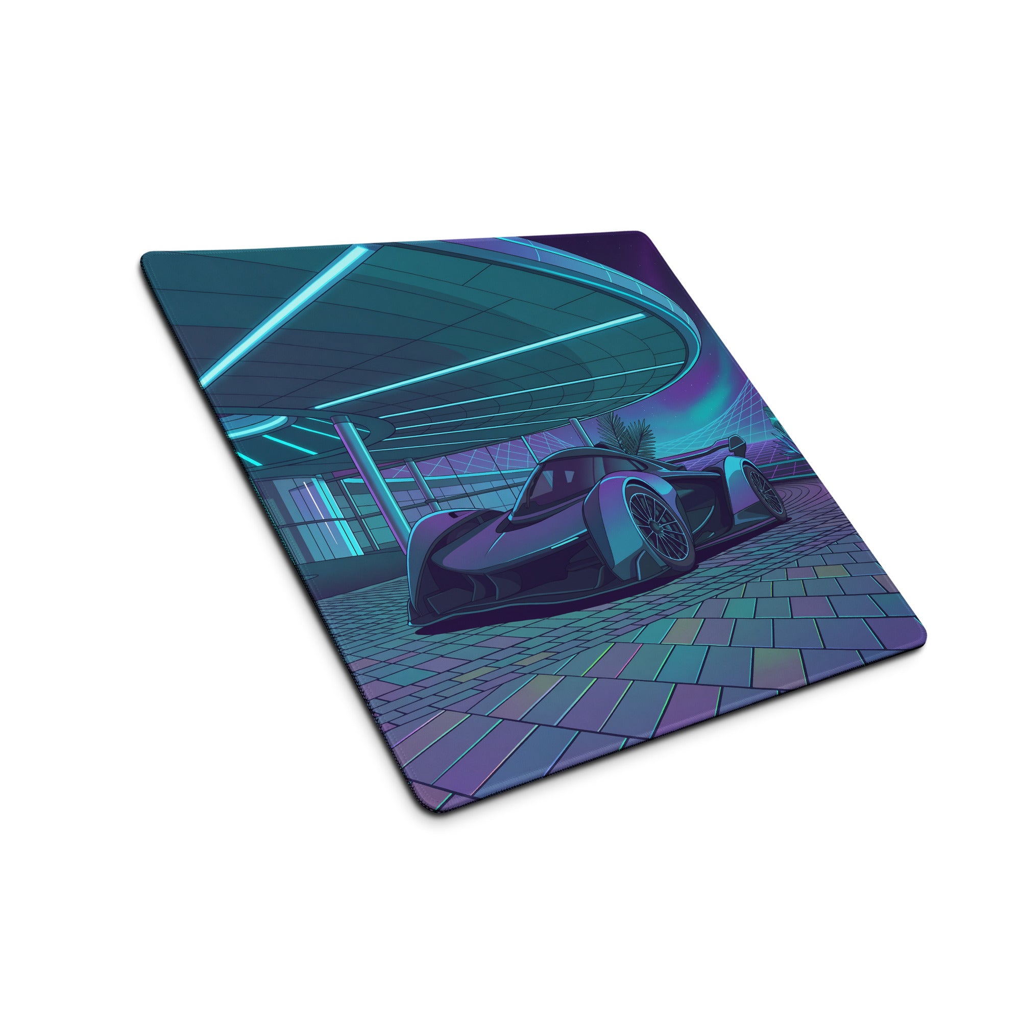 McLaren Solus GT Inspired Black Cyan Vaporwave Gaming Mouse Pad – Neon Futuristic Resort Desk Mat with Palm Trees, Retro Grid and Synthwave Artwork