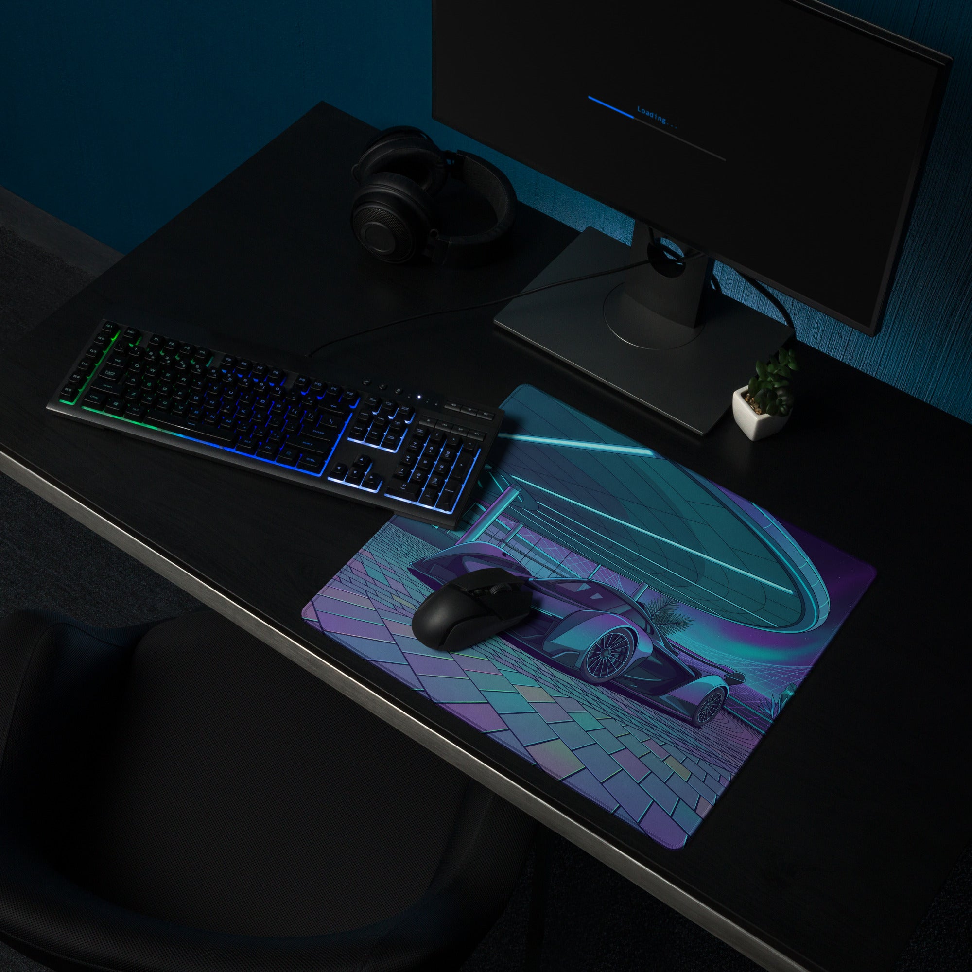 McLaren Solus GT Inspired Black Cyan Vaporwave Gaming Mouse Pad – Neon Futuristic Resort Desk Mat with Palm Trees, Retro Grid and Synthwave Artwork