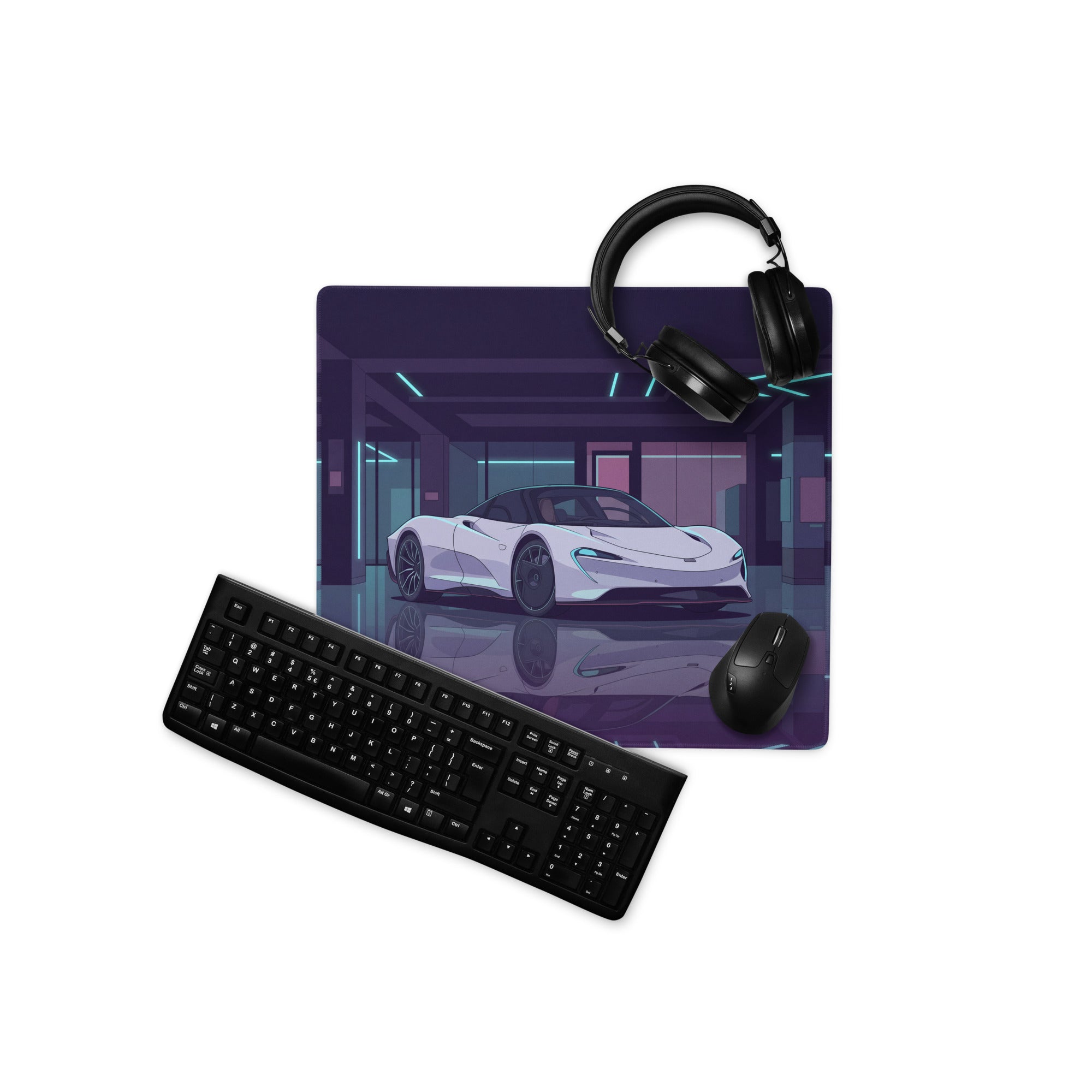 McLaren Speedtail Inspired White Purple Vaporwave Gaming Mouse Pad – Neon Futuristic Garage Desk Mat with Sleek Cyberpunk Automotive Artwork