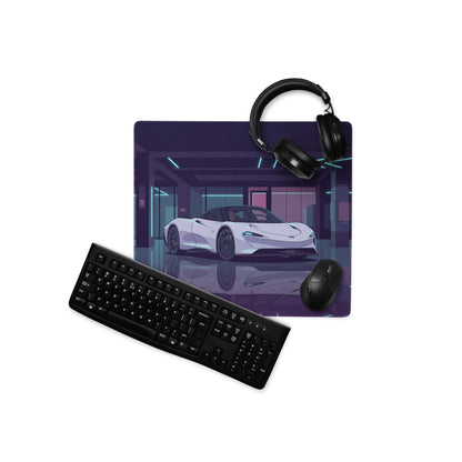 McLaren Speedtail Inspired White Purple Vaporwave Gaming Mouse Pad – Neon Futuristic Garage Desk Mat with Sleek Cyberpunk Automotive Artwork