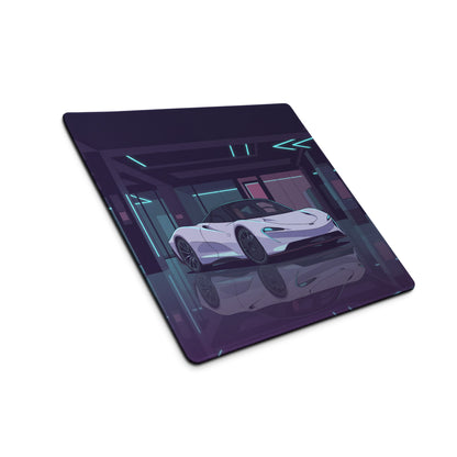 McLaren Speedtail Inspired White Purple Vaporwave Gaming Mouse Pad – Neon Futuristic Garage Desk Mat with Sleek Cyberpunk Automotive Artwork