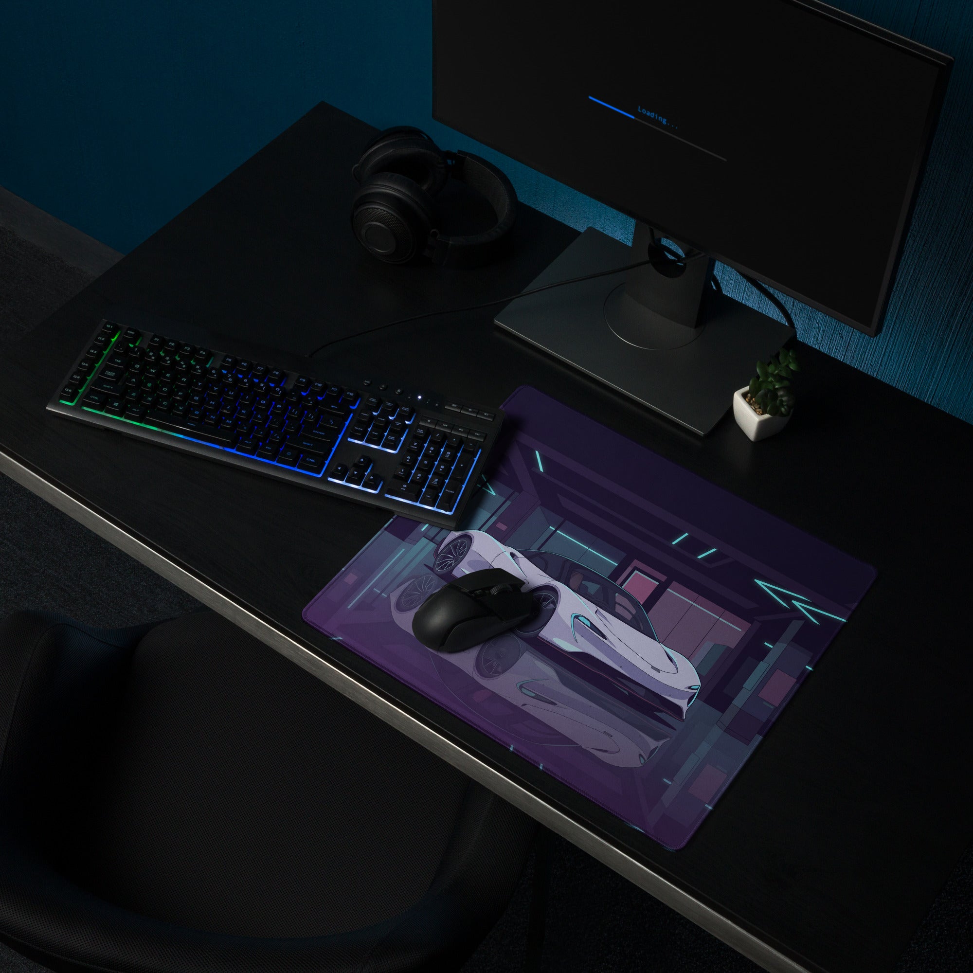 McLaren Speedtail Inspired White Purple Vaporwave Gaming Mouse Pad – Neon Futuristic Garage Desk Mat with Sleek Cyberpunk Automotive Artwork