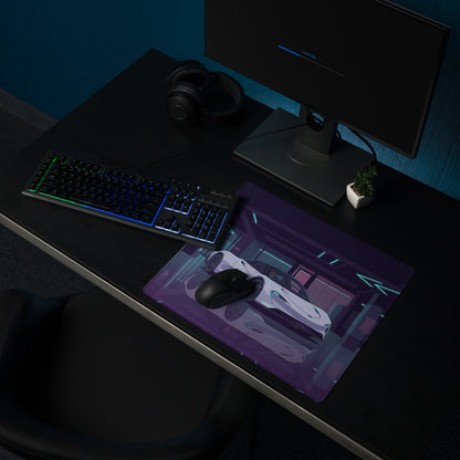 McLaren Speedtail Inspired White Purple Vaporwave Gaming Mouse Pad – Neon Futuristic Garage Desk Mat with Sleek Cyberpunk Automotive Artwork