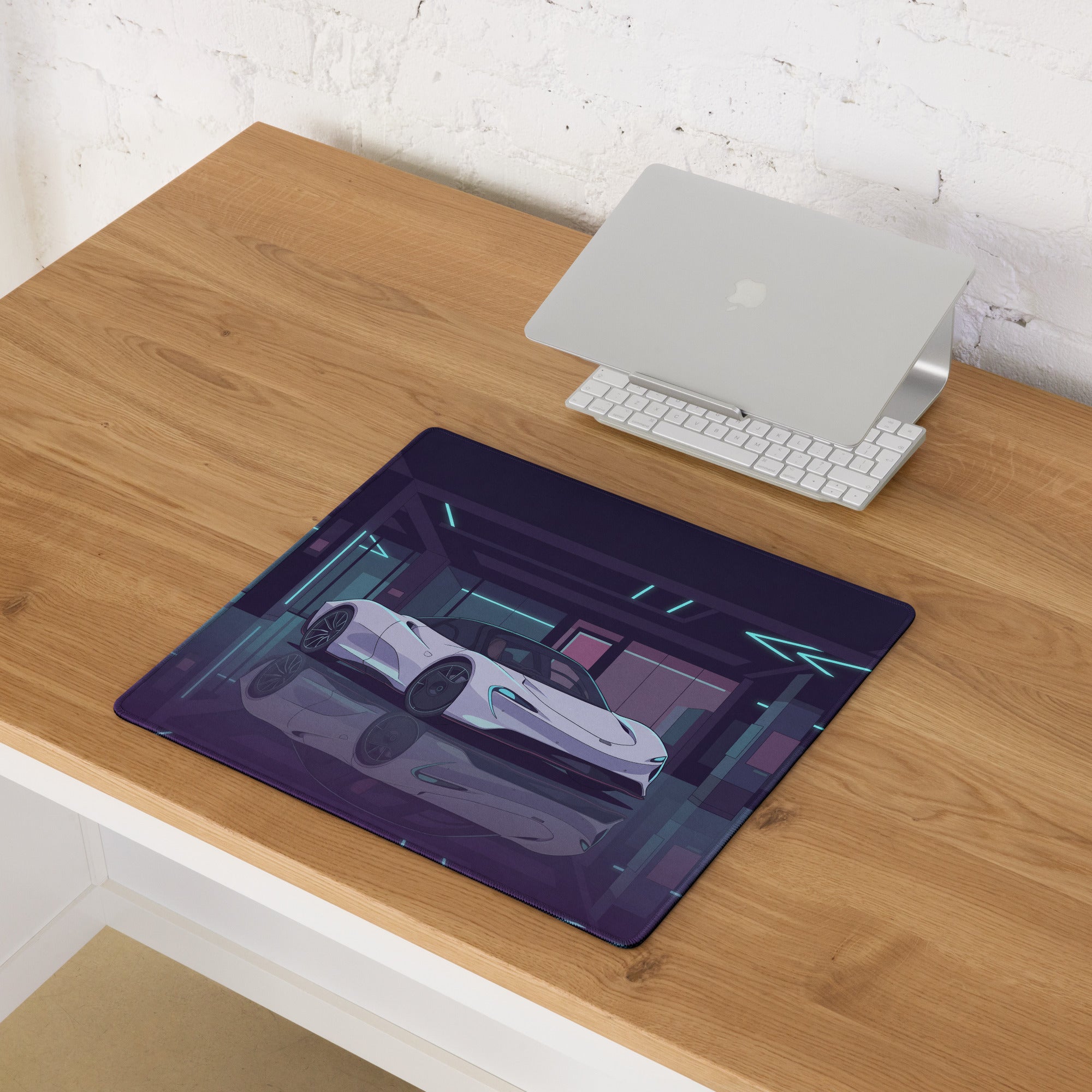 McLaren Speedtail Inspired White Purple Vaporwave Gaming Mouse Pad – Neon Futuristic Garage Desk Mat with Sleek Cyberpunk Automotive Artwork