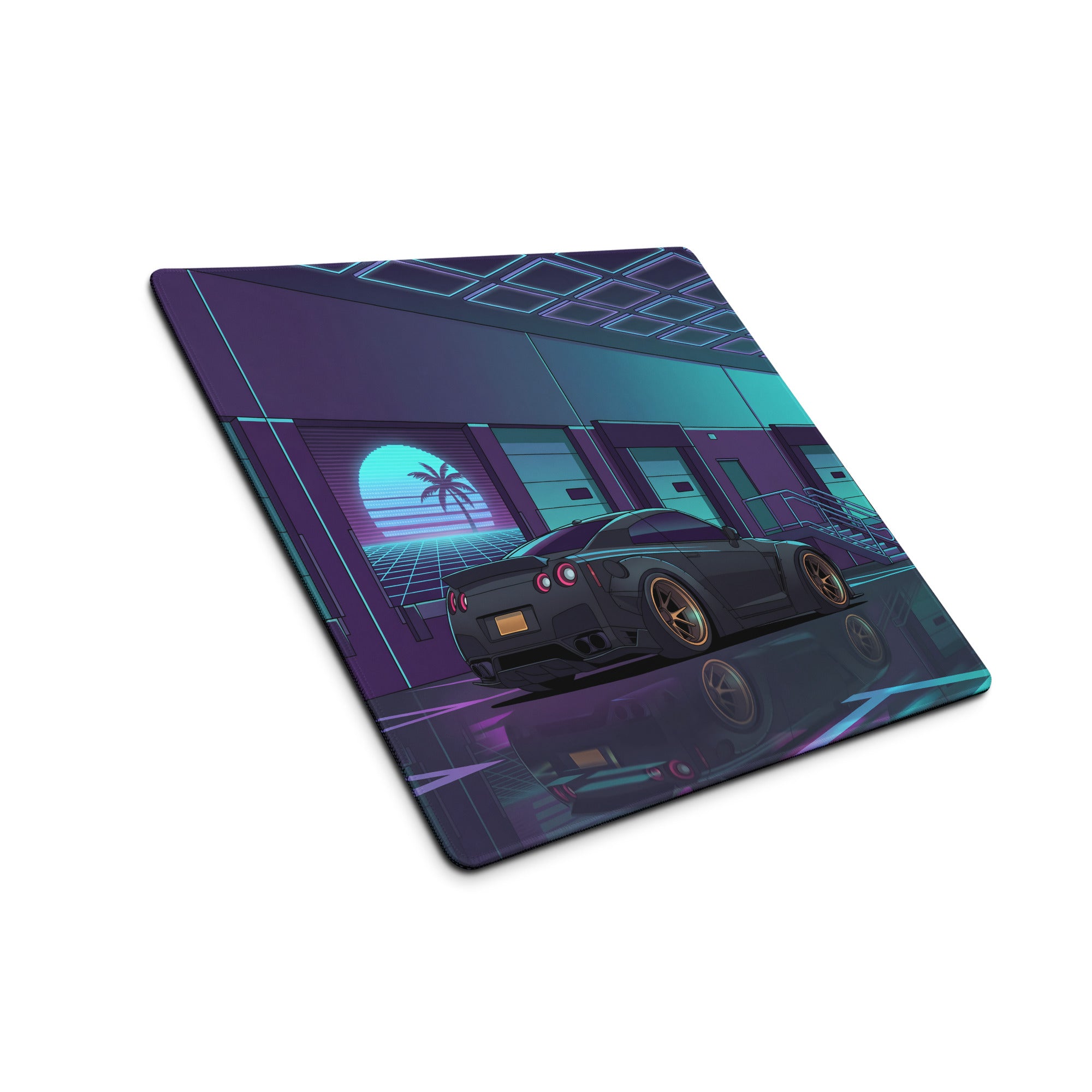 Nissan GT-R R35 Inspired Black Cyan Vaporwave Gaming Mouse Pad – Neon Japanese Street Racing Desk Mat with Retro Futuristic Cyberpunk Artwork