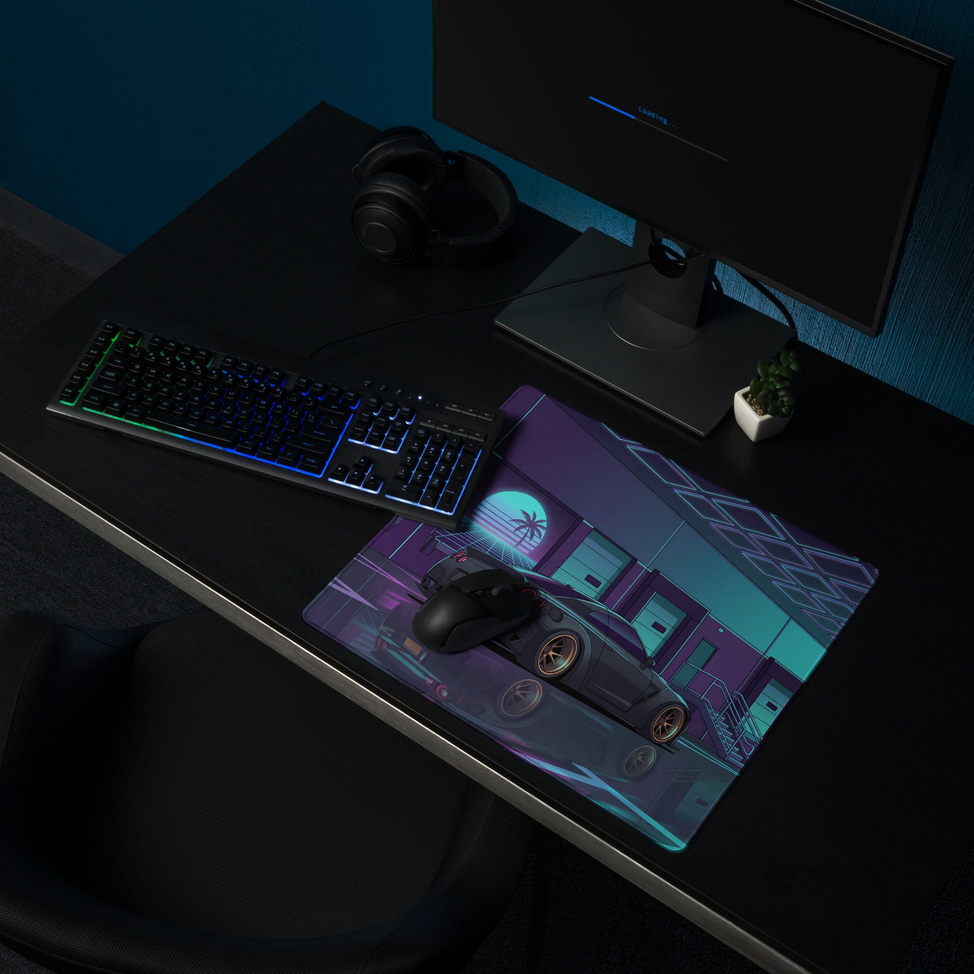 Nissan GT-R R35 Inspired Black Cyan Vaporwave Gaming Mouse Pad – Neon Japanese Street Racing Desk Mat with Retro Futuristic Cyberpunk Artwork