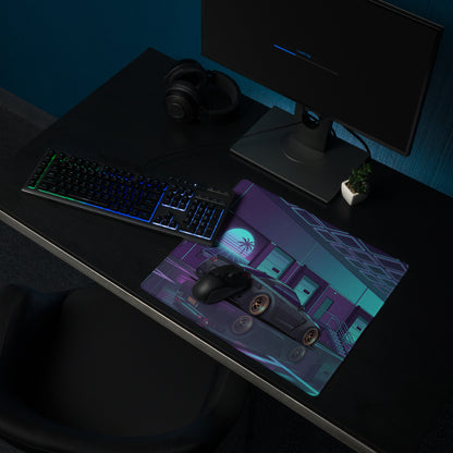 Nissan GT-R R35 Inspired Black Cyan Vaporwave Gaming Mouse Pad – Neon Japanese Street Racing Desk Mat with Retro Futuristic Cyberpunk Artwork