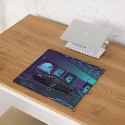 Nissan GT-R R35 Inspired Black Cyan Vaporwave Gaming Mouse Pad – Neon Japanese Street Racing Desk Mat with Retro Futuristic Cyberpunk Artwork