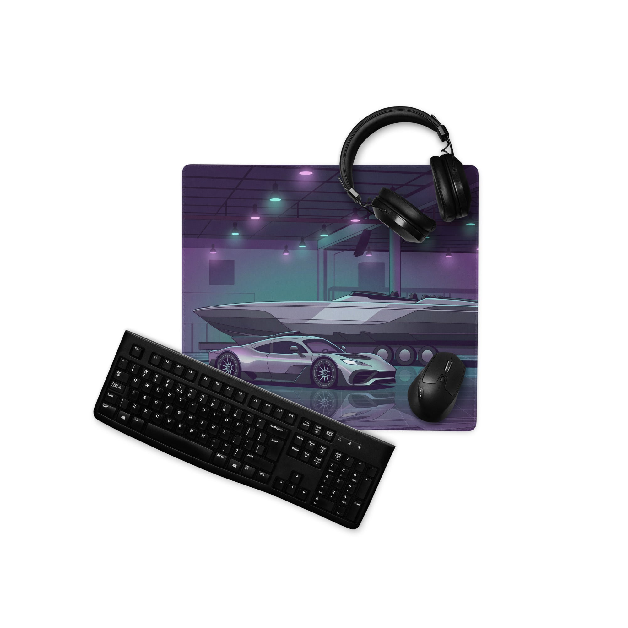 Hennessey Venom F5 Inspired Silver Purple Vaporwave Gaming Mouse Pad – Neon Hypercar Garage Desk Mat with Luxury Speedboat and Futuristic Artwork