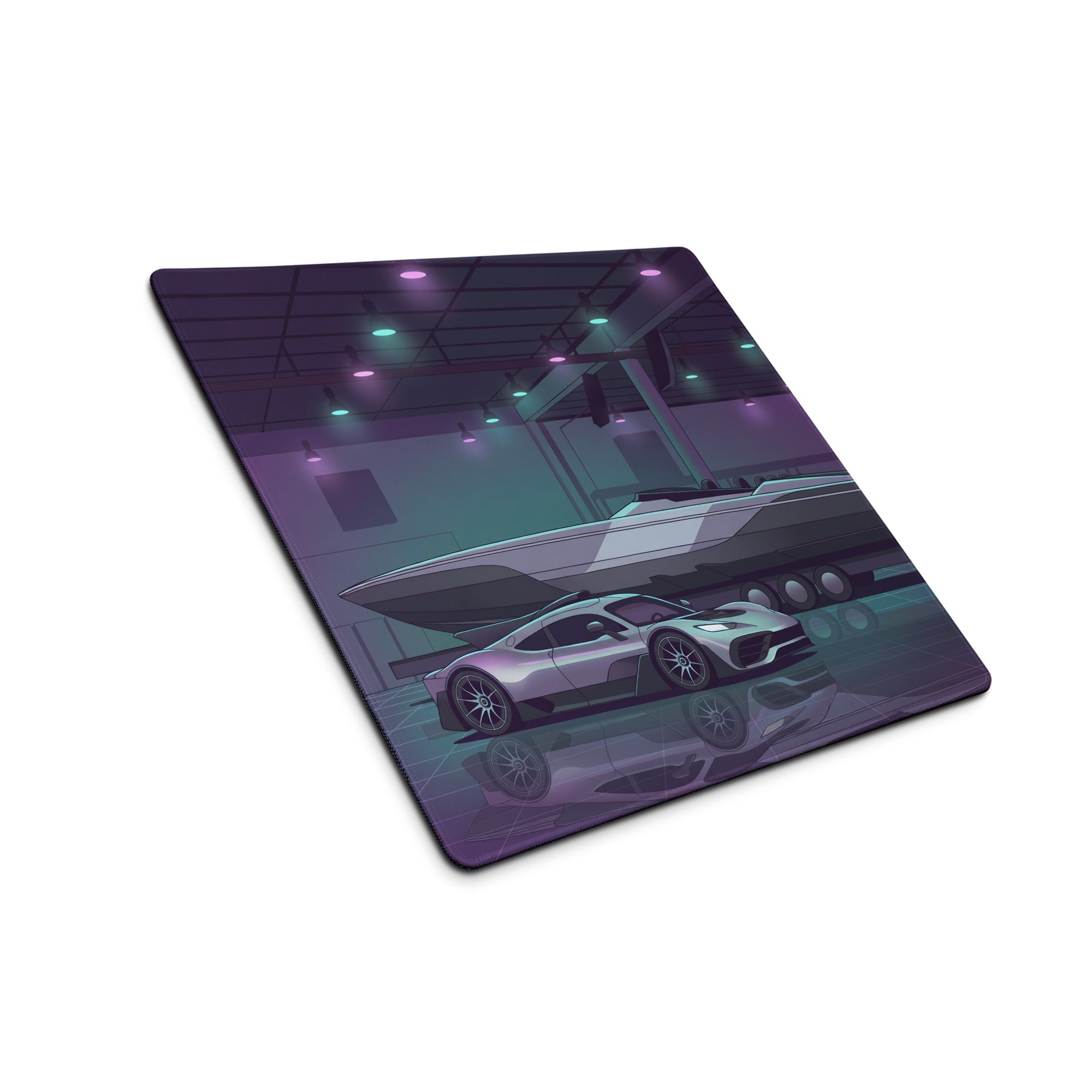 Hennessey Venom F5 Inspired Silver Purple Vaporwave Gaming Mouse Pad – Neon Hypercar Garage Desk Mat with Luxury Speedboat and Futuristic Artwork