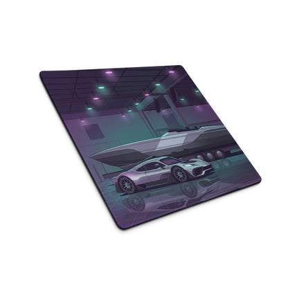 Hennessey Venom F5 Inspired Silver Purple Vaporwave Gaming Mouse Pad – Neon Hypercar Garage Desk Mat with Luxury Speedboat and Futuristic Artwork