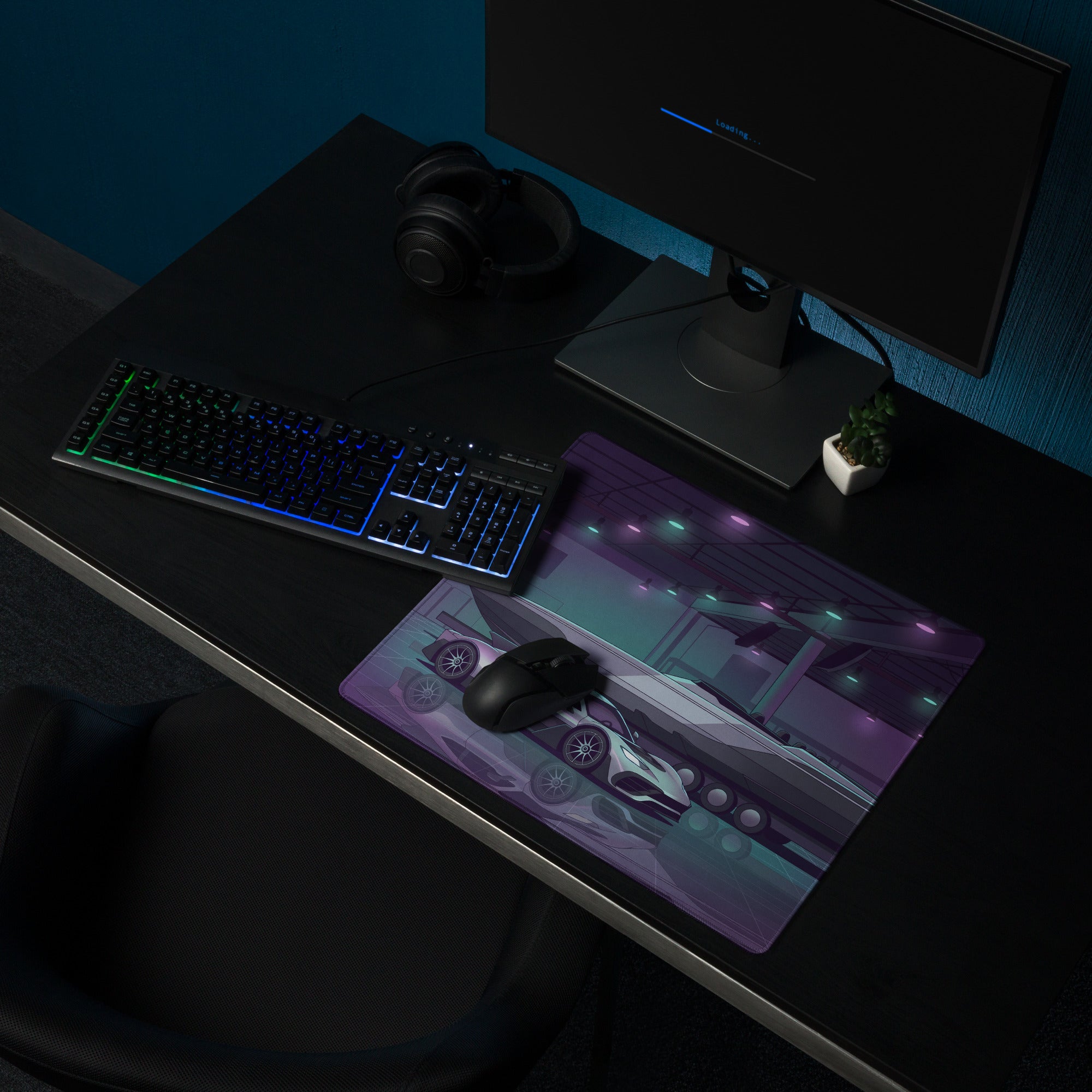 Hennessey Venom F5 Inspired Silver Purple Vaporwave Gaming Mouse Pad – Neon Hypercar Garage Desk Mat with Luxury Speedboat and Futuristic Artwork