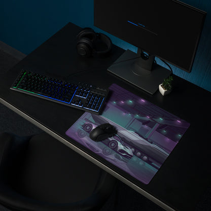 Hennessey Venom F5 Inspired Silver Purple Vaporwave Gaming Mouse Pad – Neon Hypercar Garage Desk Mat with Luxury Speedboat and Futuristic Artwork