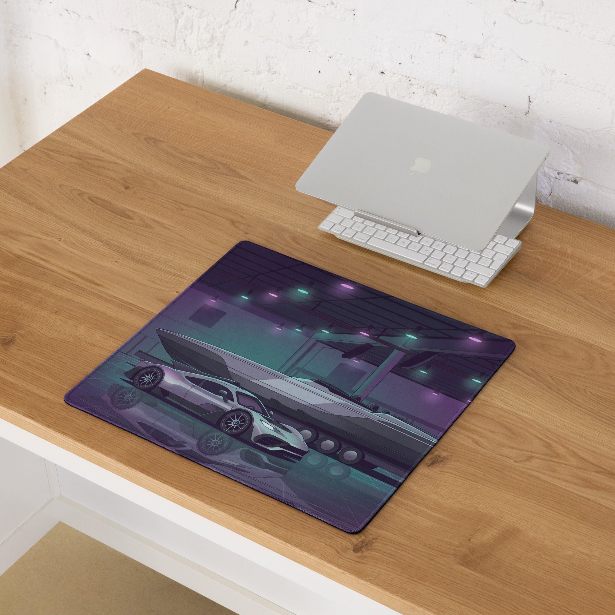Hennessey Venom F5 Inspired Silver Purple Vaporwave Gaming Mouse Pad – Neon Hypercar Garage Desk Mat with Luxury Speedboat and Futuristic Artwork