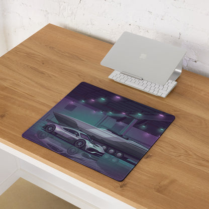 Hennessey Venom F5 Inspired Silver Purple Vaporwave Gaming Mouse Pad – Neon Hypercar Garage Desk Mat with Luxury Speedboat and Futuristic Artwork