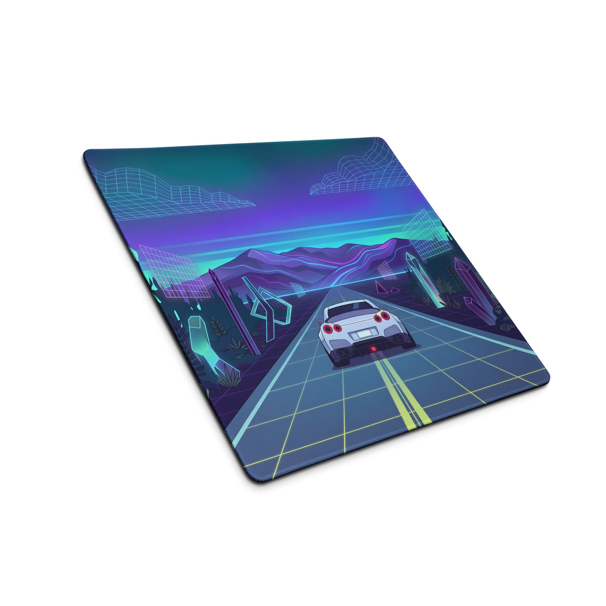 Nissan GT-R R35 Inspired White Blue Vaporwave Gaming Mouse Pad – Neon Mountain Highway Desk Mat with Retro Futuristic Crystal Landscape Artwork