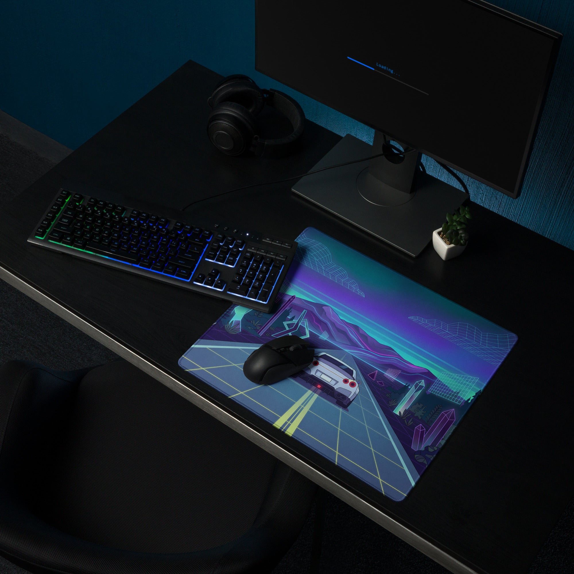 Nissan GT-R R35 Inspired White Blue Vaporwave Gaming Mouse Pad – Neon Mountain Highway Desk Mat with Retro Futuristic Crystal Landscape Artwork