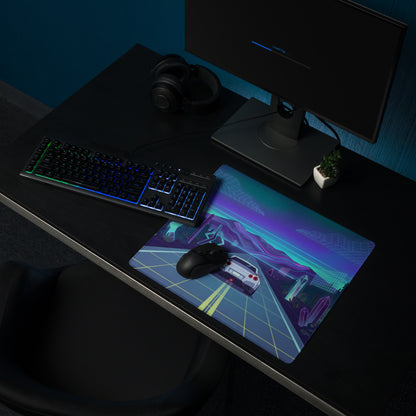 Nissan GT-R R35 Inspired White Blue Vaporwave Gaming Mouse Pad – Neon Mountain Highway Desk Mat with Retro Futuristic Crystal Landscape Artwork