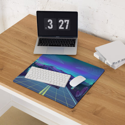 Nissan GT-R R35 Inspired White Blue Vaporwave Gaming Mouse Pad – Neon Mountain Highway Desk Mat with Retro Futuristic Crystal Landscape Artwork